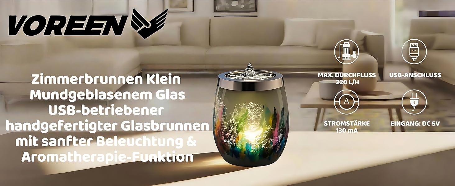 Декоративний скляний фонтан VOREEN з LED-підсвіткою, ручної роботи, жовтий, 15 см — заспокійливий фонтан для вітальні, спальні та офісу