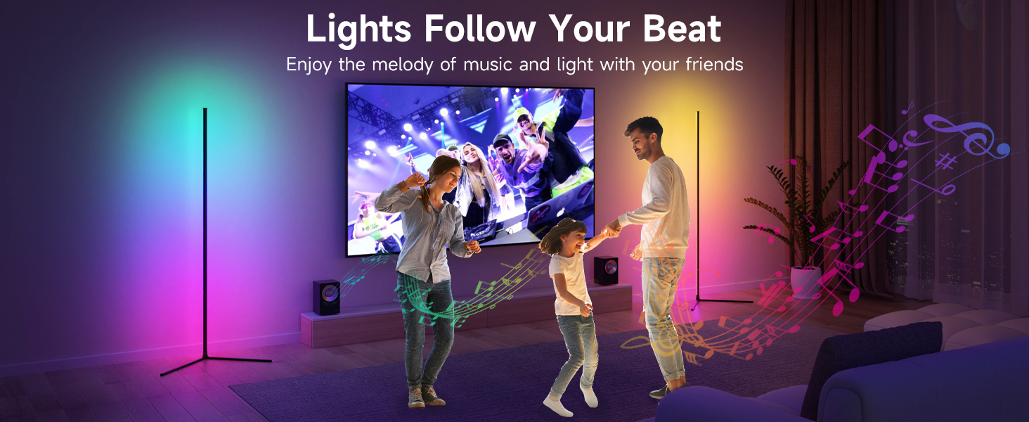 LED торшер у вітальню RGB кутовий, димується з пультом та додатком, синхронізація з музикою, DIY-режим, таймер - чорний