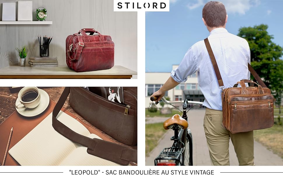 Шкіряна ділова сумка STILORD Leopold XL для вчителів та офісу, коричнева (Zamora)