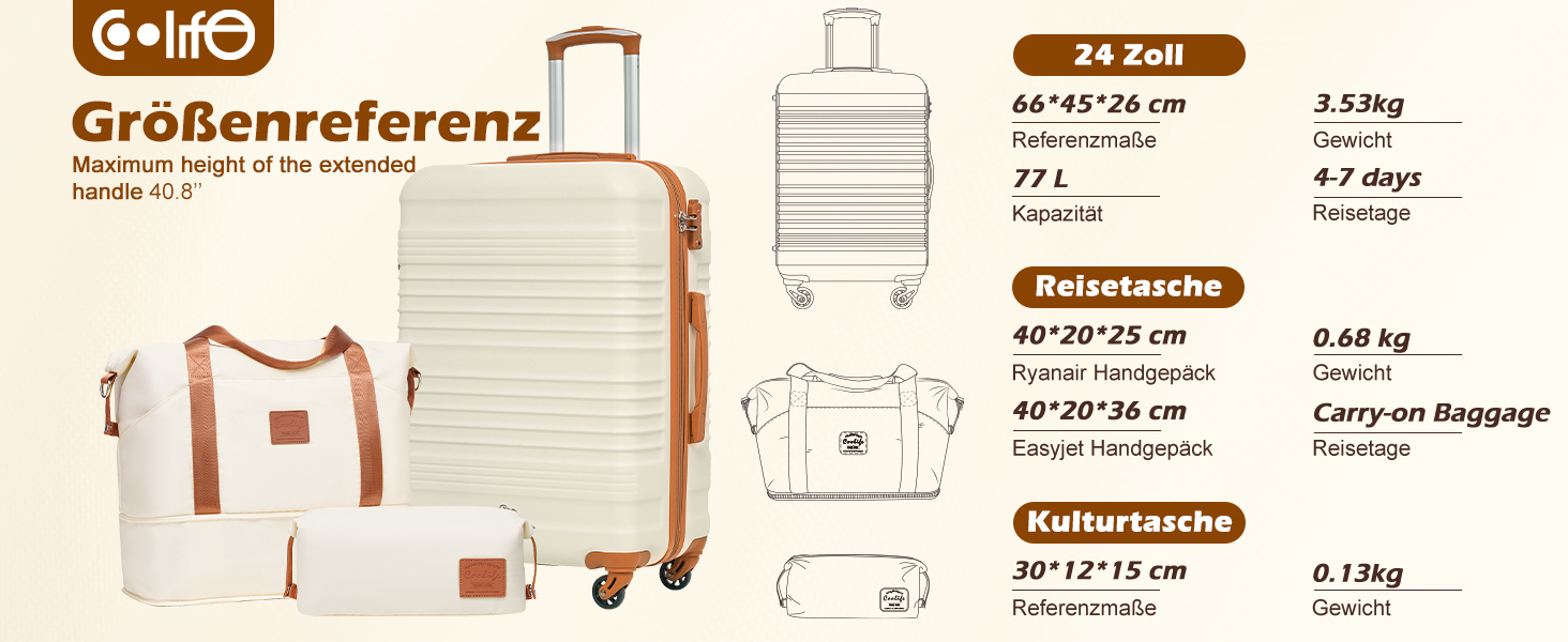 Набір валіз COOLIFE 3 шт: великий дорожній набір 71 см + сумка та косметичка | ABS, 360° колеса, TSA-замок | Ідеально для подорожей, круїзів, навчання за кордоном – набір ручної поклажі для сімейного відпочинку (середній набір валіз 3 шт, жовто-чорний)