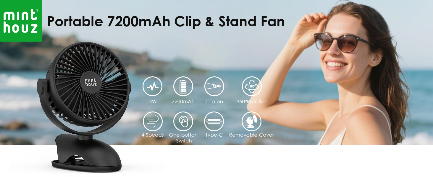 Вентилятор кліпса Minthouz акумуляторний USB, 7200mAh, 4 швидкості, 360° обертання, портативний для офісу, кемпінгу, дитячого візочка, дому