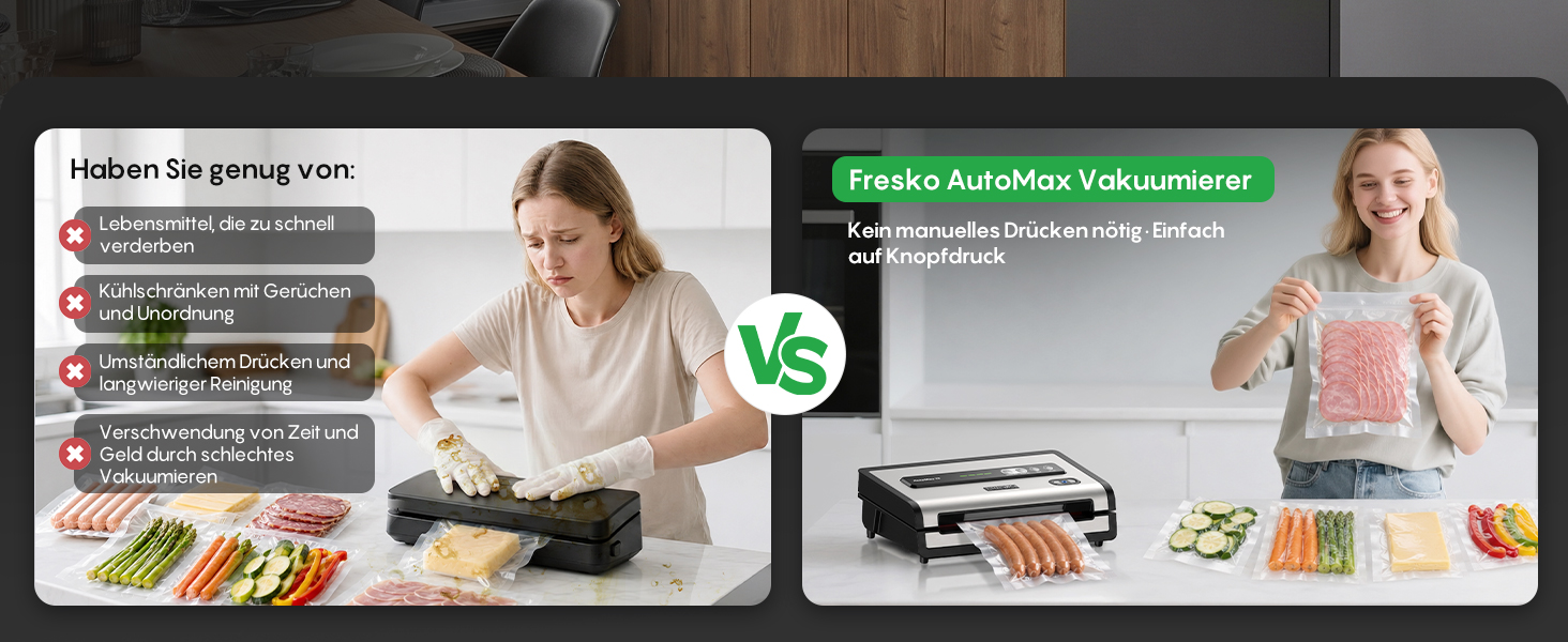 Вакууматор FRESKO AutoMax для продуктів, 140 Вт, 18 л/хв, з вбудованим різаком для пакетів, сріблястий