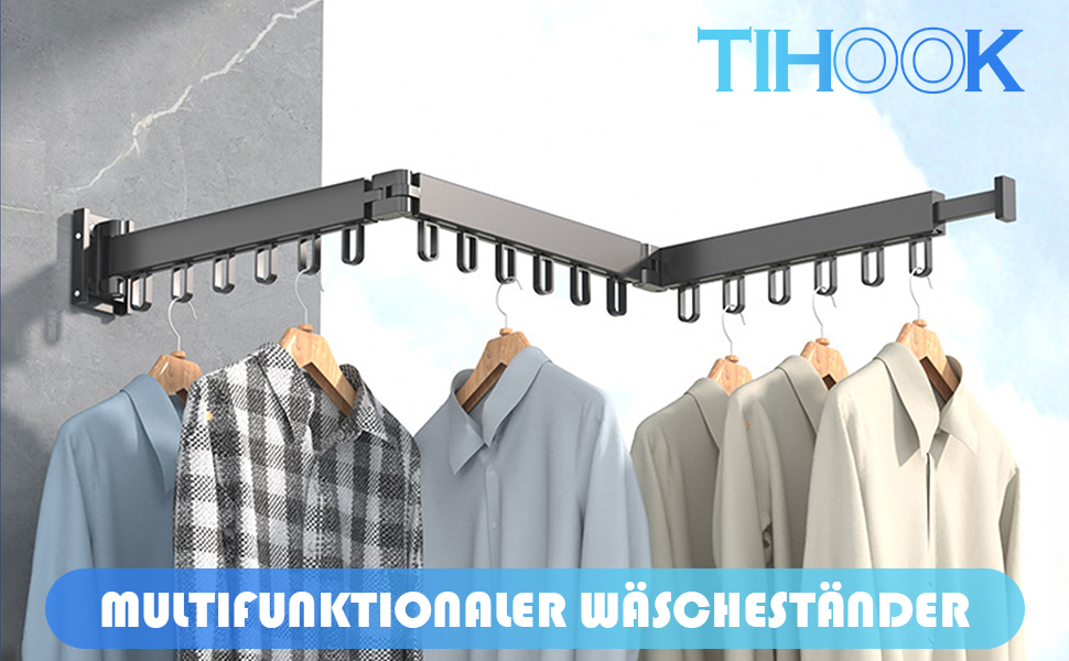 Сушарка для одягу Tihook настінна складна 12 гачків 60+24 см чорна