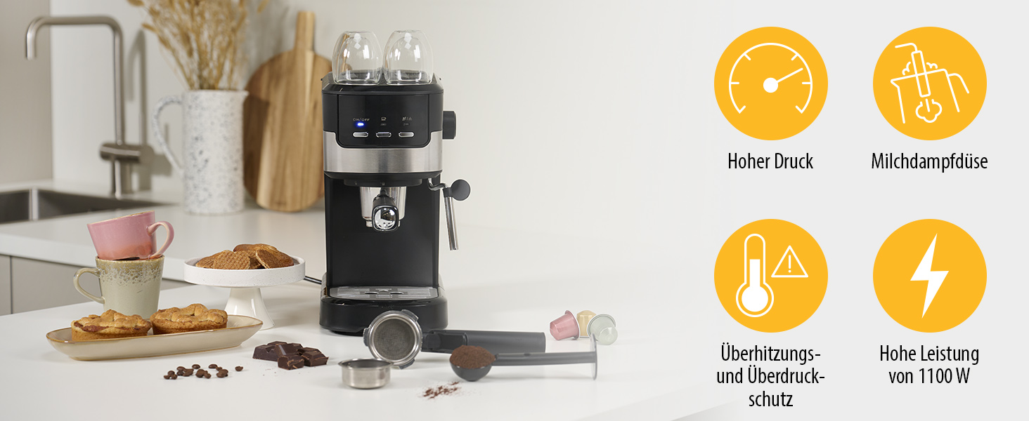 Кавомашина Tristar CM-2278 еспресо, 2 чашки, для капсул Nespresso та меленої кави, підігрів чашок, 20 бар, 1100 Вт