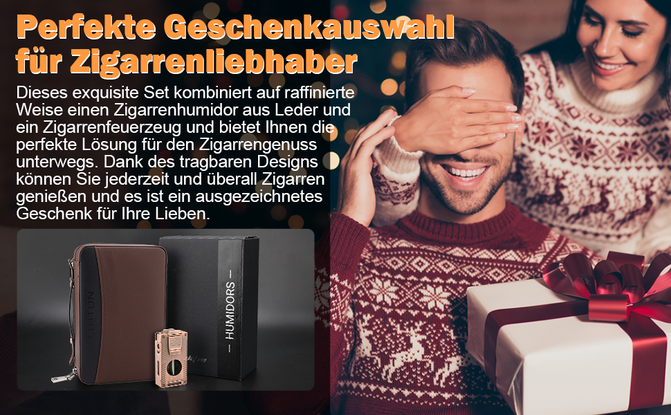 Умидник для сигар з натуральної шкіри, 5-в-1 комплект з запальничкою та вологоміром, коричневий