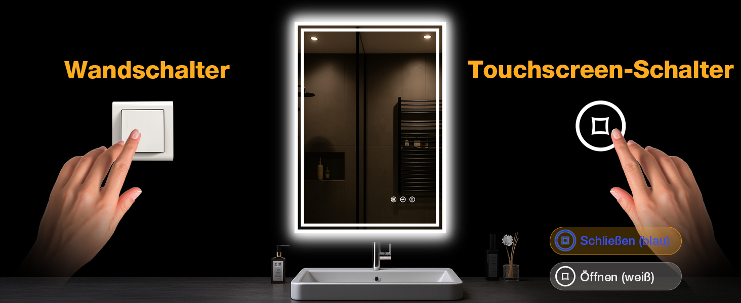 LED дзеркало для ванної кімнати з підсвічуванням 50x70 см, 3 кольори світла, регулювання яскравості, проти запотівання, сенсорне/кнопкове керування