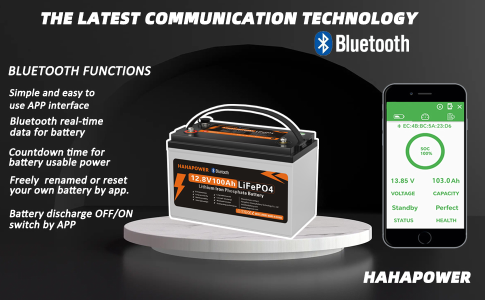 Акумулятор Hahapower 12.8V 100Ah Bluetooth LiFePO4, розумне живлення, захист від холоду, 15000 циклів, 150A BMS, для автофургонів, сонячна батарея