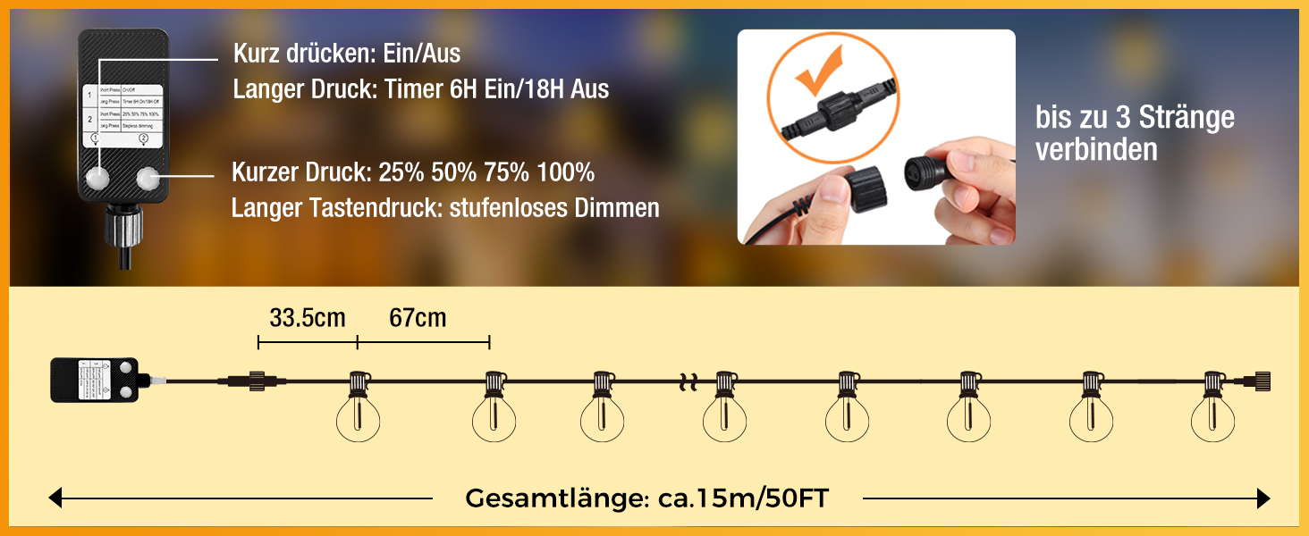 LED гірлянда для декорування саду та тераси, 15 метрів, тепле світло, G40, з таймером та димером, вологостійка