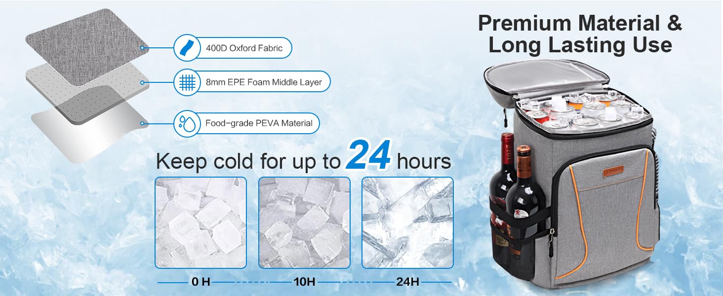 Рюкзак-холодильник Estarer 35L сірого кольору: для пікніків, кемпінгу та пляжу. З відкривачем для пляшок, водонепроникний.