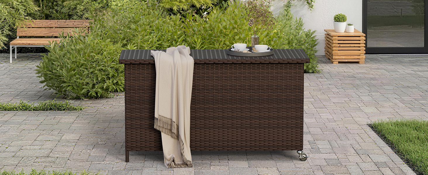 Водонепроникний садовий ящик Amopatio Gartenbox 480л з поліротангу, металевий з колесами та газліфтом для саду, балкону - коричневий