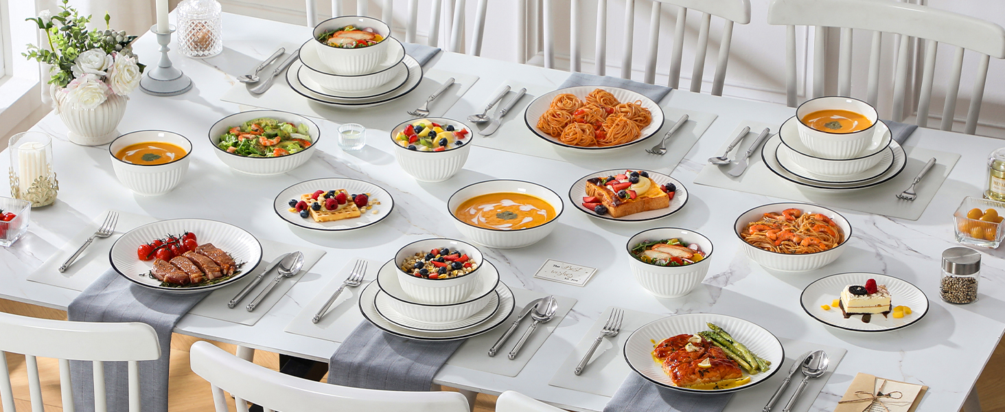 Набір посуду MALACASA LEILA 6 осіб, 24 частини: тарілки, миски, порцеляна, білий з чорним обідком