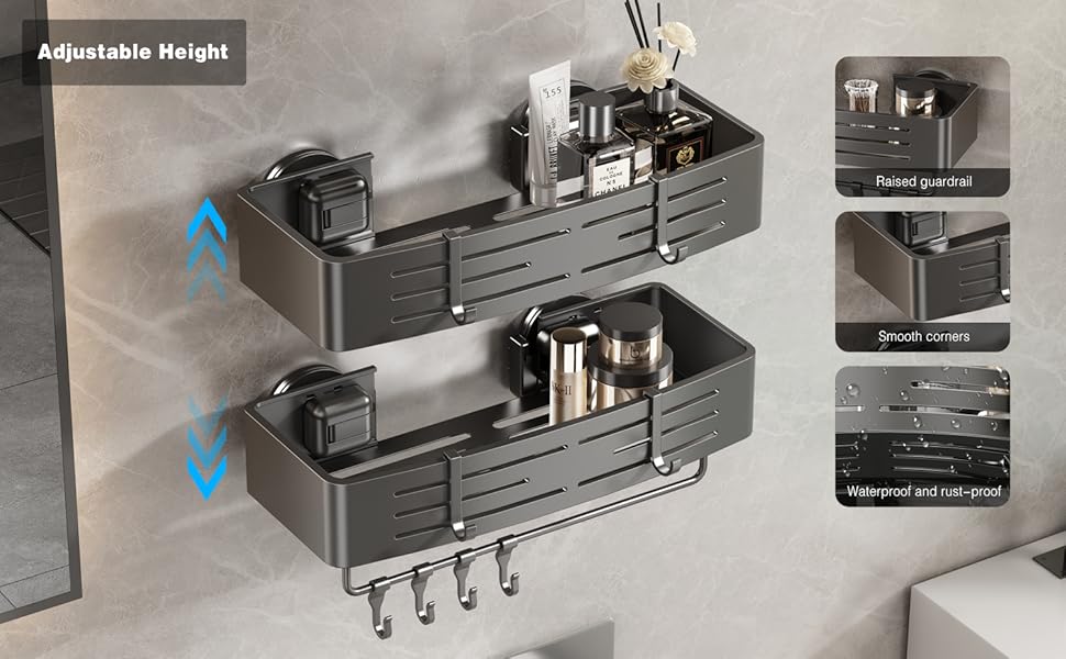 Полка для душу Voldra без свердління, кутова, з присосками, для ванної кімнати, металева, з тримачем для рушників (2 шт., сіра)