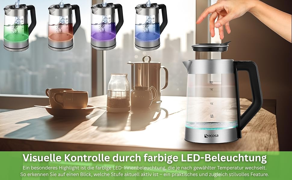 Електричний чайник-заварник зі скла та нержавіючої сталі, 1.7 л, 2200 Вт, з регулюванням температури, з підсвічуванням, BPA Free