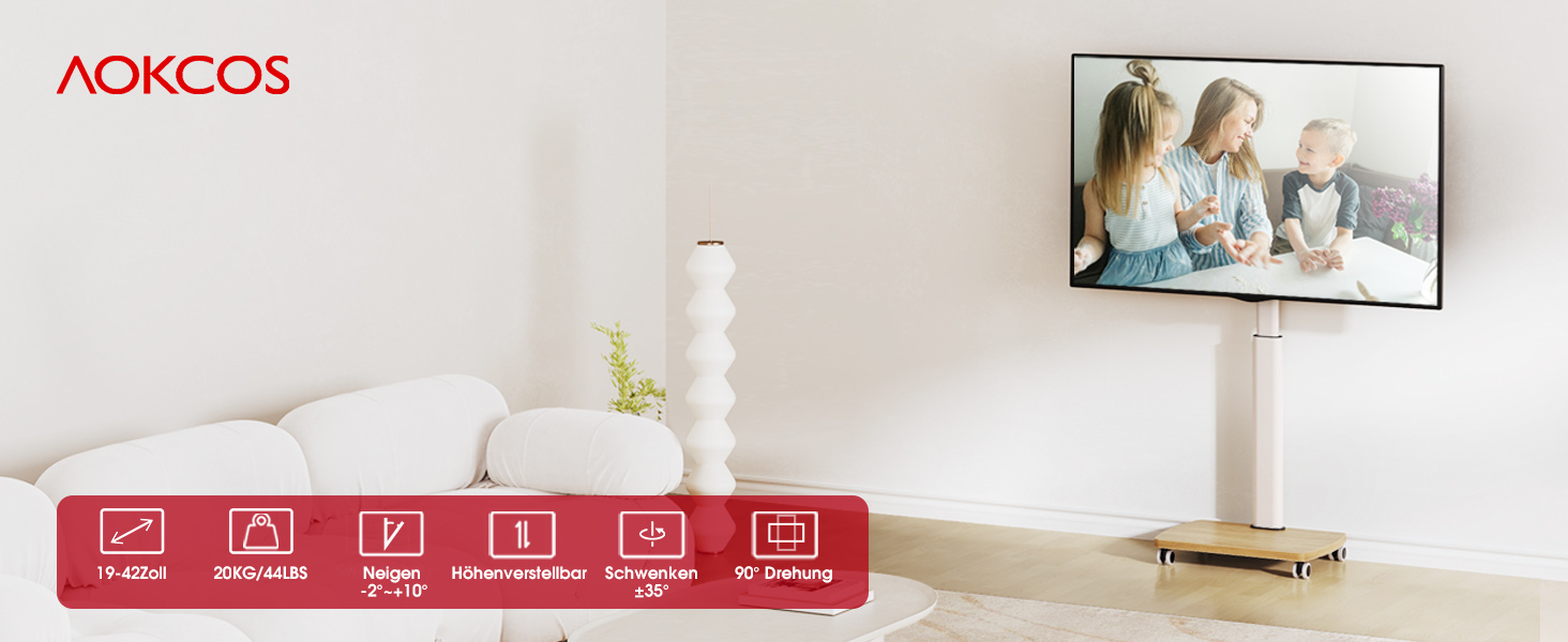 Підставка для телевізора мобільна з дерев'яною основою, поворотна, 19-42 дюйми, біла, до 20 кг, VESA 200x200 мм