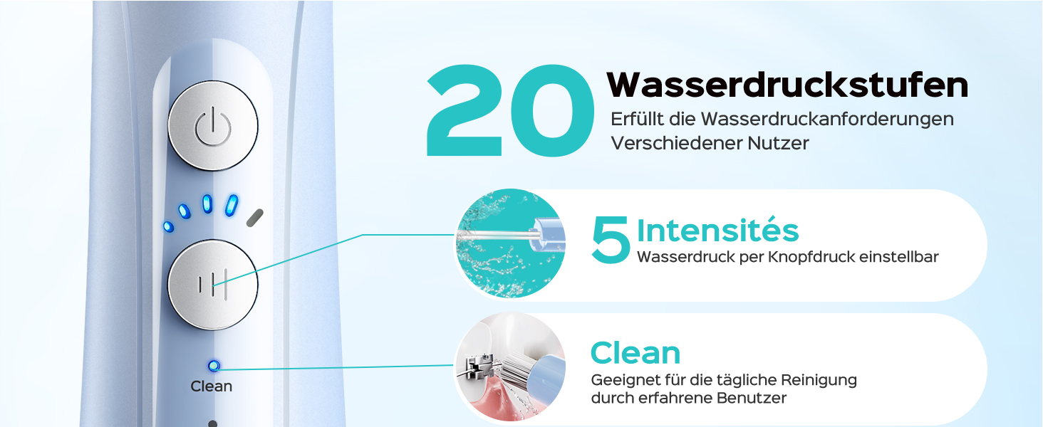 COSLUS Душова насадка електрична бездротова, Testsieger 2026: 20 рівнів тиску води, IPX7 водонепроникність, точна технологія Anti-Splash, 4 режими для здоров'я ротової порожнини, для щоденного використання та подорожей, 5 інтенсивностей (блакитний)