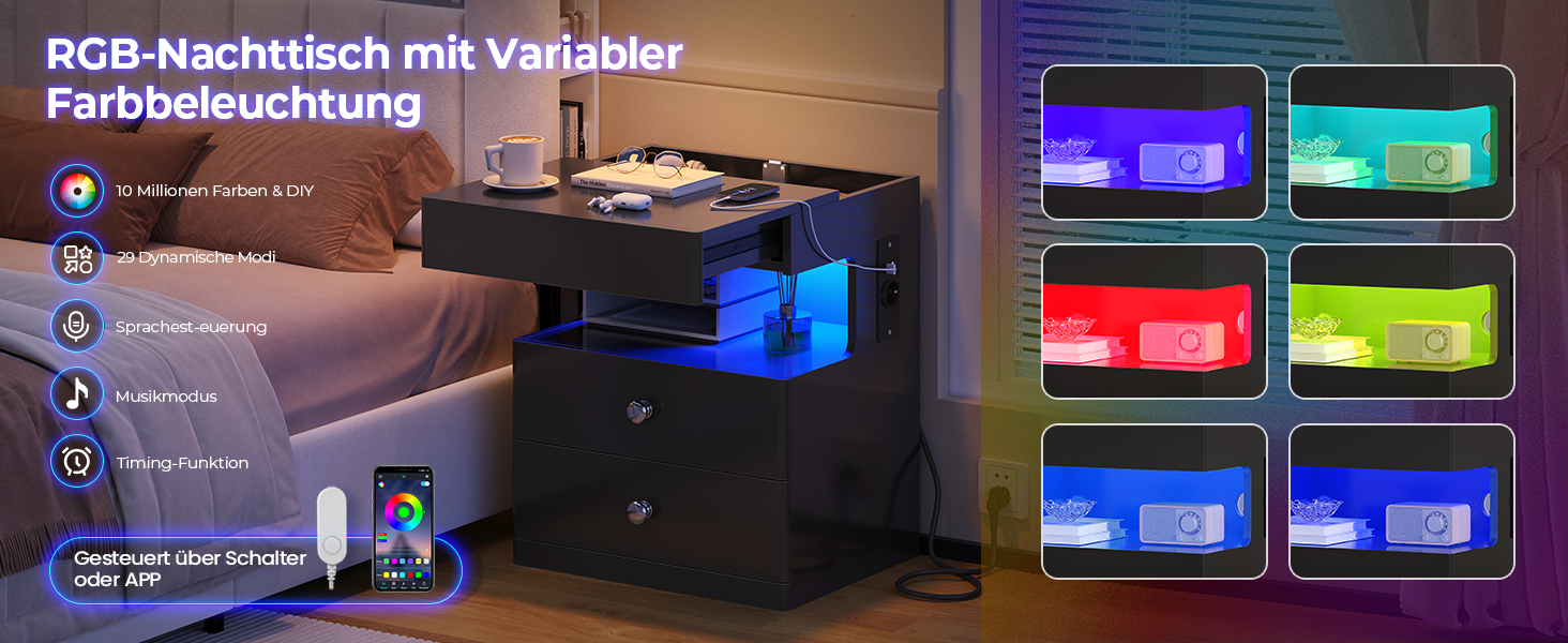 Нічний столик AOGLLATI з прихованим відділенням, розеткою та LED-підсвічуванням, 2 шухляди, висувний ящик, полиця, глянцева поверхня (40x35x59 см, чорний, 2)