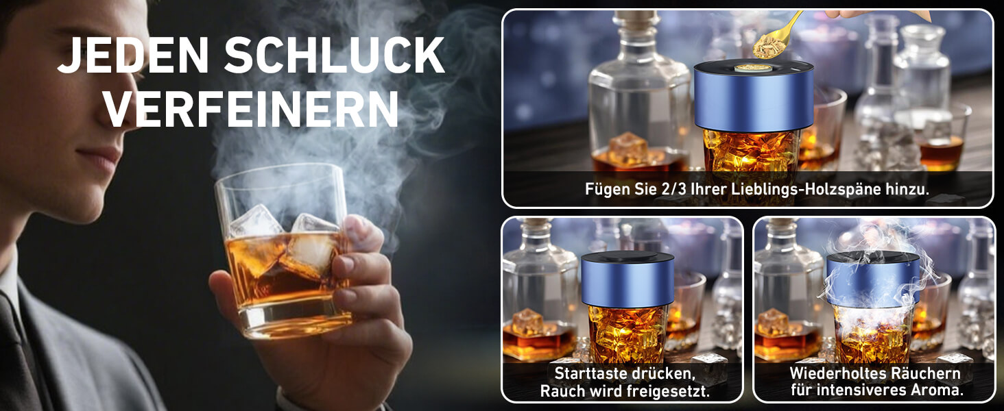 Електричний набір для копчення віскі з 6 дерев'яними чіпсами, перезаряджуваний, з вбудованим запальничкою, без бутану, ідея подарунка для чоловіків, батька, чоловіка або друга, з LED-підсвічуванням (блакитний)