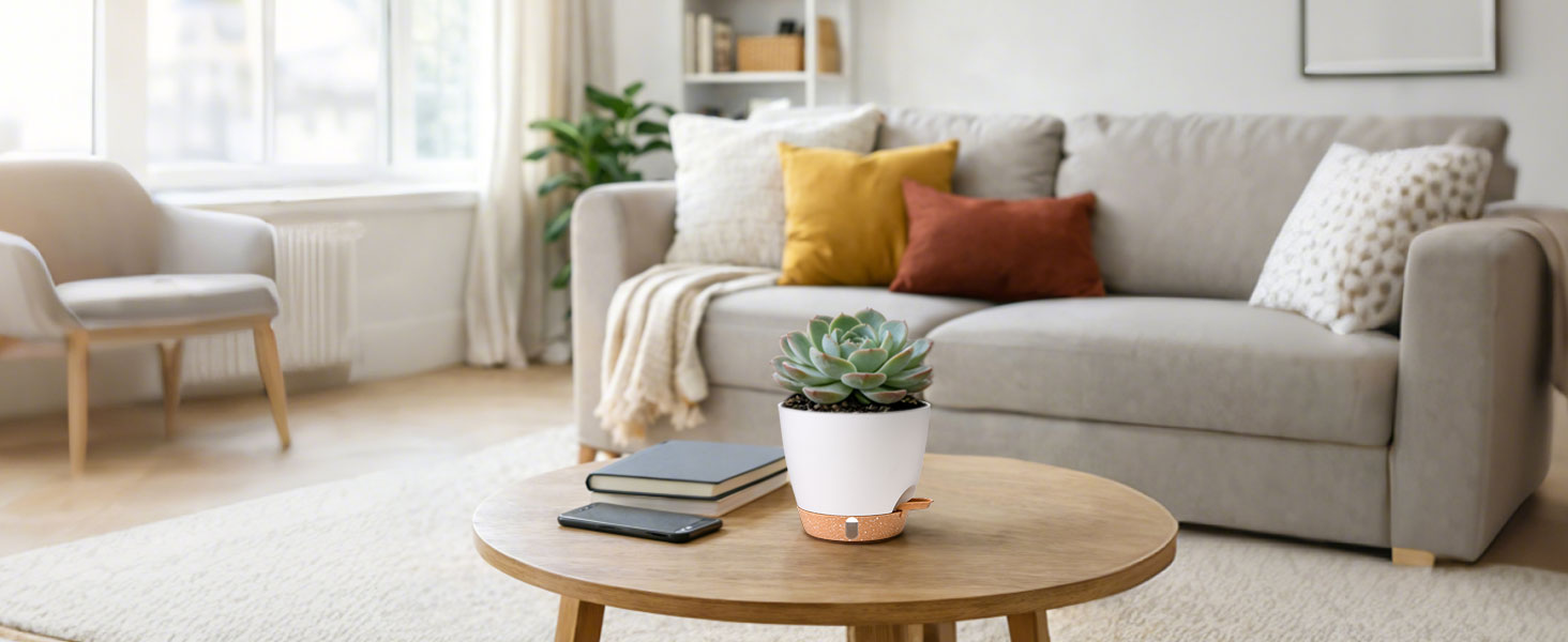 Набір з 4 самополивних горщиків для квітів T4U з індикатором рівня води, легкий у догляді, великий розмір (15 см, білий)