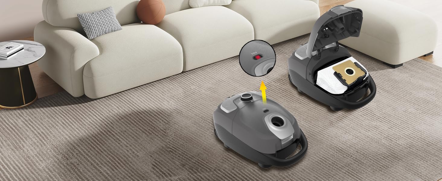 Пылесос Akitas C11 900W с мешком – сетевой шнур 7 м, радиус действия 10 м, тихая работа 70 дБ, с дополнительной насадкой для пола, регулируемая мощность всасывания, большой объем, для твердых полов и ковров