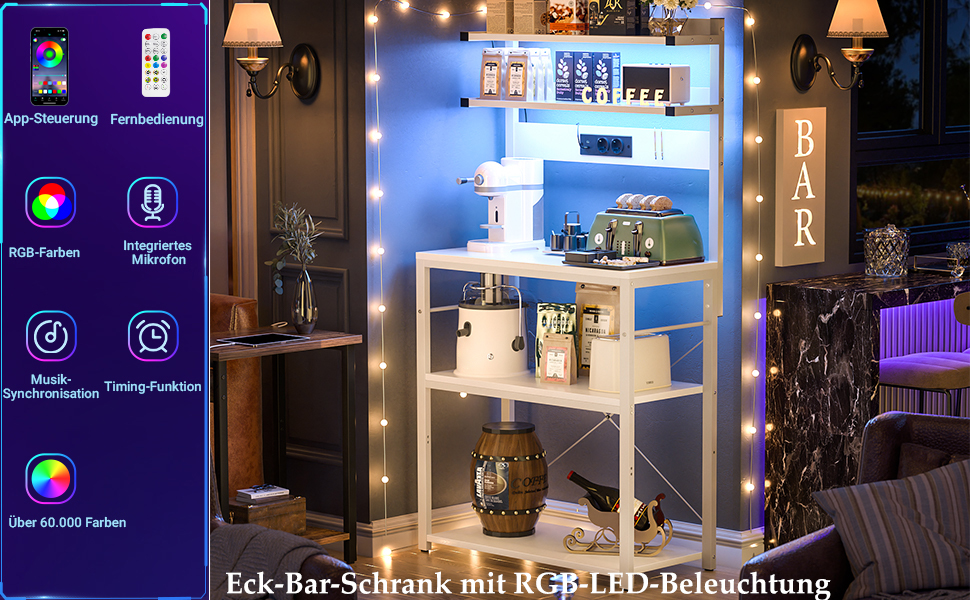 Кухонна полиця-стійка з розеткою, підставка для мікрохвильовки, 5-ярусна кавобар станція з LED-підсвічуванням, полиця для спецій, каструль та сковороди (60 см, білий)