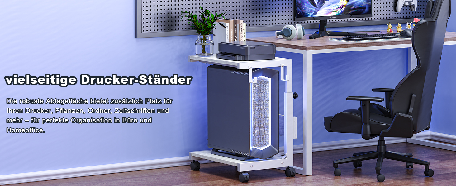 Регульована підставка для комп'ютерного блоку з 2 полицями та місцем для зберігання – для корпусів ATX, принтерів, з фіксуючими колесами (білий, W44 x D30 x H44-59.5см)