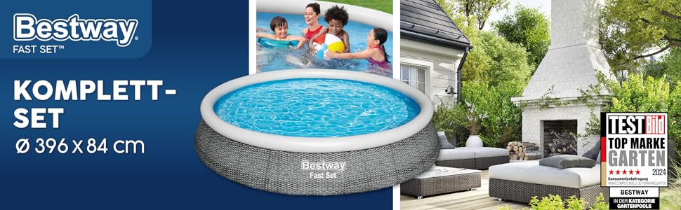 Надувний басейн Bestway Fast Set 396x84 см, круглий, сірий ратан, з фільтр-насосом
