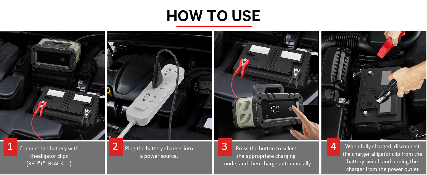 Автоматичний зарядний пристрій для акумуляторів з температурною компенсацією (6A), червоний. Підходить для авто, вантажівок, мотоциклів, газонокосарок, човнів та морських акумуляторів.