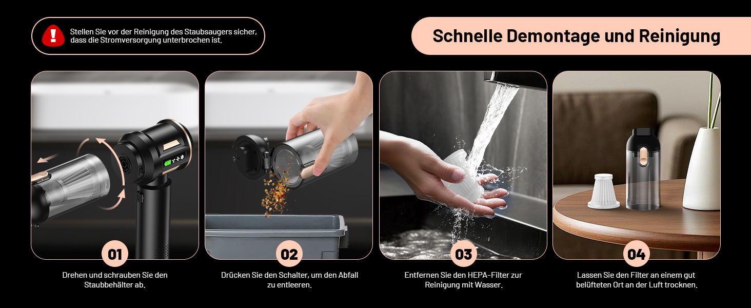 Акумуляторний ручний пилосос Handstaubsauger 28000Па, бездротовий автомобільний пилосос 4-в-1 з безщітковим двигуном та функцією самоочищення, для авто, дому та шерсті тварин, чорний