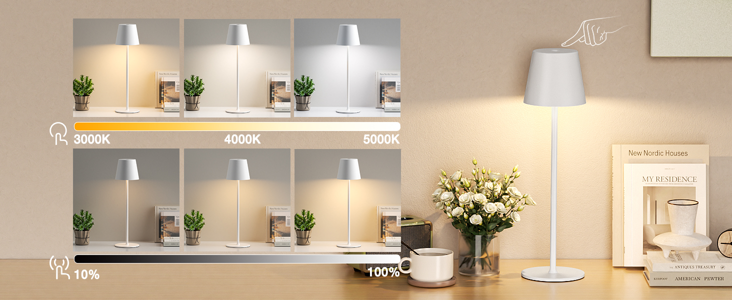 LED настільна лампа бездротова з акумулятором, 3 режими кольору, регулювання яскравості, сенсорне управління, USB-C зарядка, для дому, кемпінгу