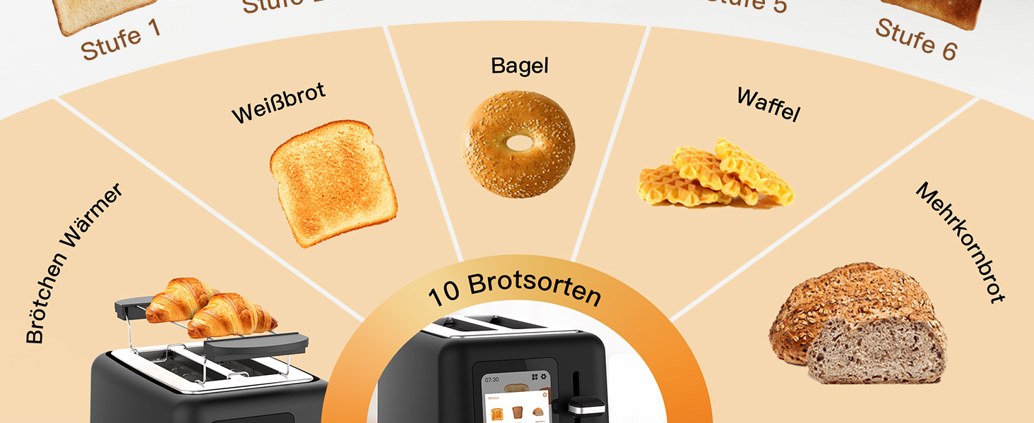 Тостер aeco toastlab Elite 2-слотовий з підставкою для булочок, широкі слоти, 6 рівнів підсмажування, 10 програм, 850W, LCD-дисплей, функція підняття, розморожування, піддон для крихт