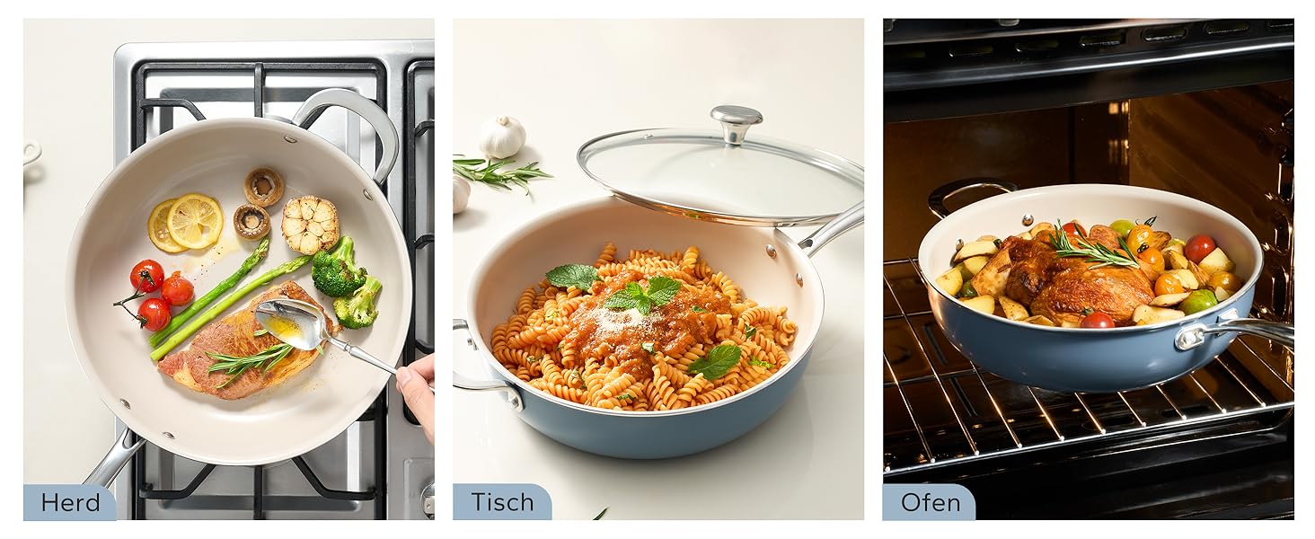 Сковорода Redchef 28 см з кришкою, антипригарне покриття, керамічна сковорода для індукції, з нержавіючою ручкою, без PTFE, PFOA, PFAS, для духовки, придатна для миття в посудомийній машині (Блакитна)