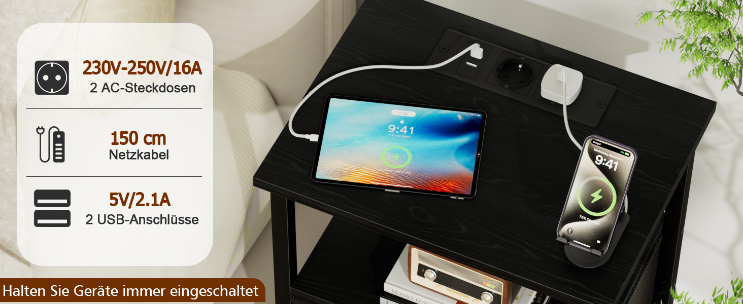 Нічний столик AMHANCIBLE з підзарядкою, приліжний столик з висувними ящиками з тканини, журнальний столик з відкритою полицею, з 2 USB-портами та 2 розетками, для спальні та вітальні, HETS020GY-1 (Чорний)