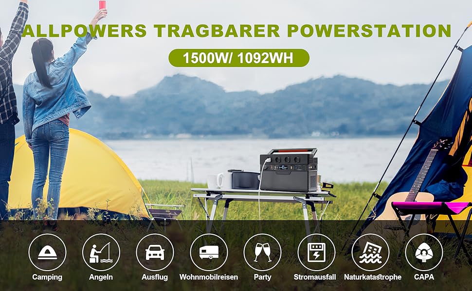 Портативна електростанція ALLPOWERS S1500 PLUS, ємність 1092 Wh, номінальна потужність 1500 W, пікова потужність 3000 W