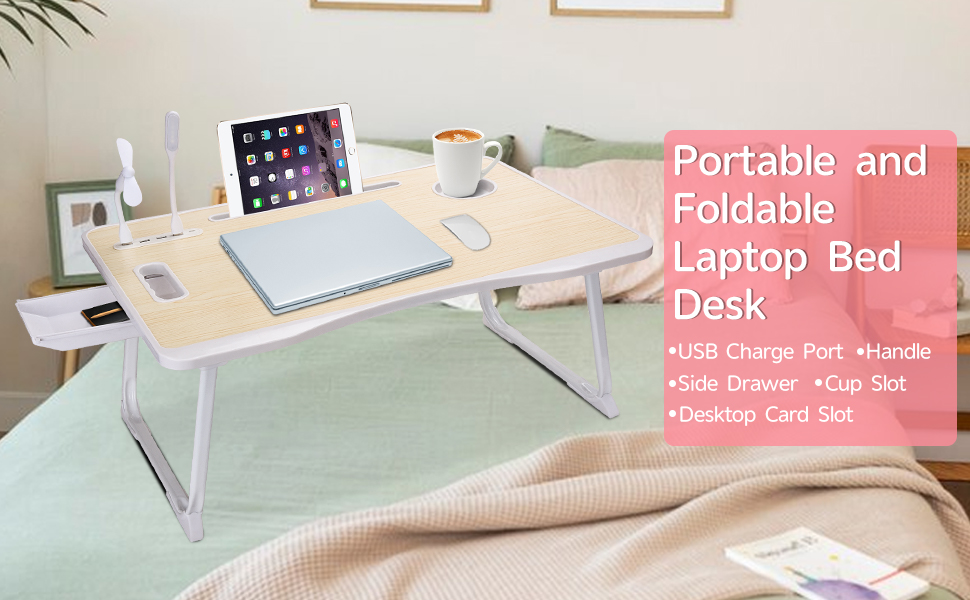 Складаний столик для ноутбука з USB-портом, ручкою, відділенням для карток, тримачем для напоїв та ящиком. Білий клен.