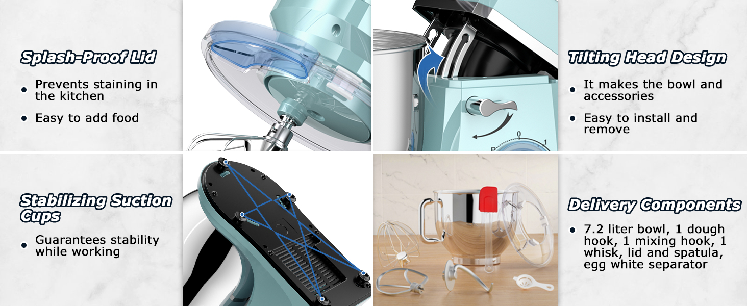 Кухонна машина Cheflee 2000W: потужна планетарна міксер для тіста та збивання, 6 швидкостей, 7.2 л чаша з нержавіючої сталі, гак для тіста та вінчик, захист від бризок (блакитна)