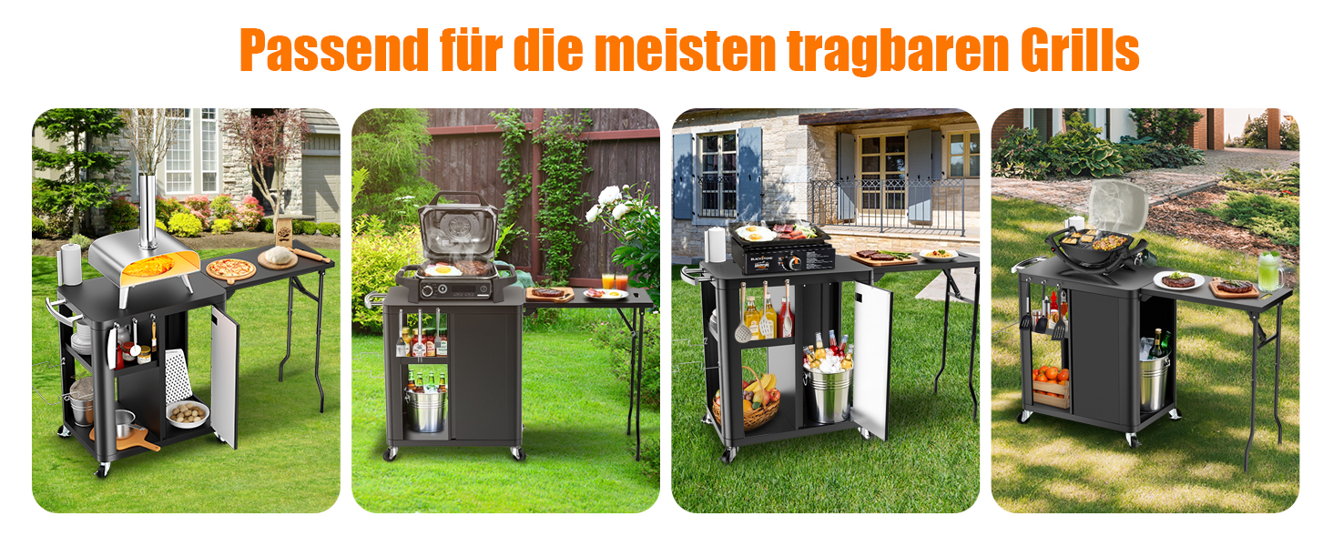 Гриль-возна Гриль-стіл з відкидним столиком, вулична кухня з гачками, полицею та шафкою, сервізний візок на колесах, чорний (143×37×89 см)