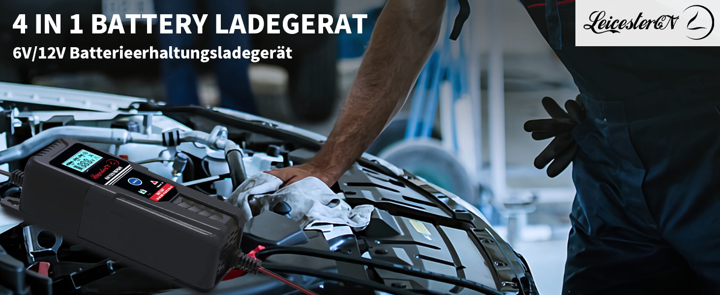 Зарядний пристрій для акумулятора LEICESTERCN 12V/24V - автоматичний, 5/10/25A, LCD, для авто, мото, 6V/12V