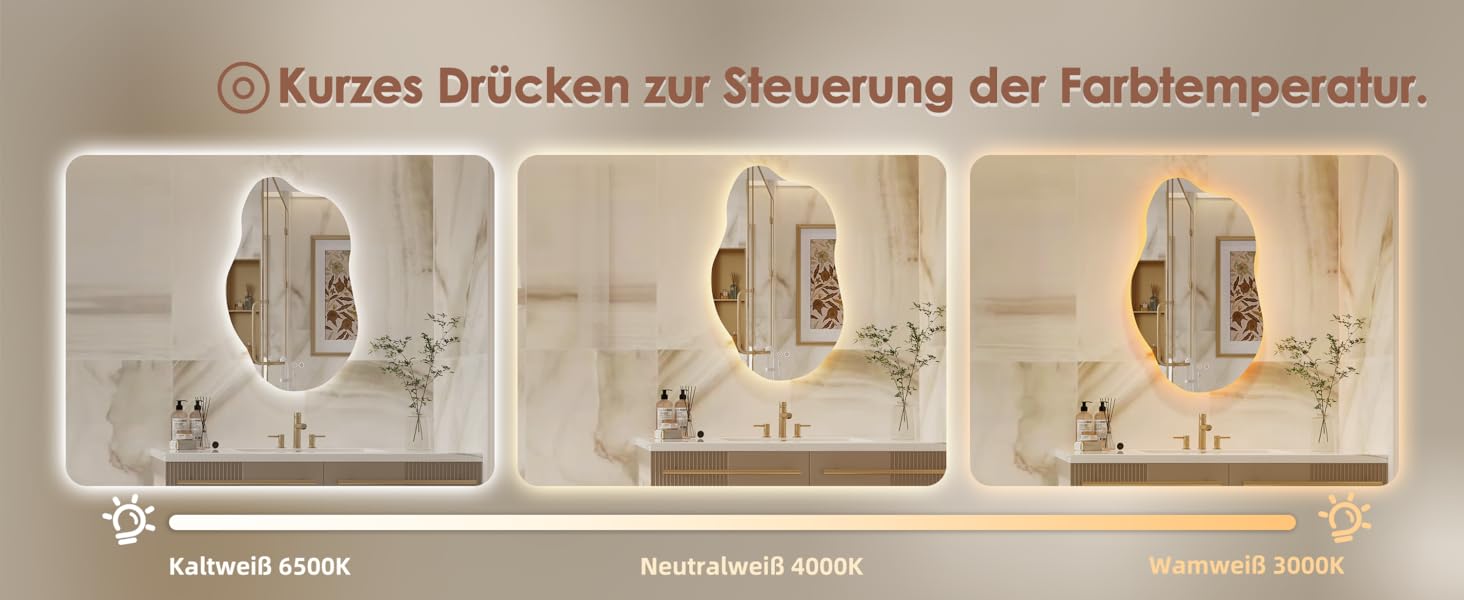 Дзеркало для ванної кімнати Dripex LED з підсвічуванням, сенсорне керування, регулювання яскравості, 3 кольори світла, без запотівання, асиметричне, 85x52 см