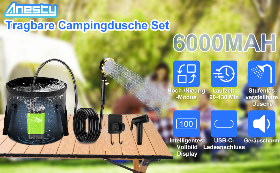 Портативний душ для кемпінгу Anesty: акумуляторний насос 6000mAh зі смарт-дисплеєм, складане відро 20Л та аксесуари для подорожей, авто та тварин