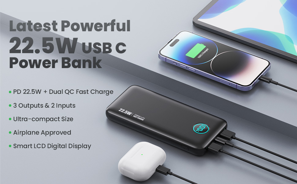 Швидкий зарядний пристрій 22,5 Вт, PD3.0 QC4.0 USB-C, LCD дисплей, 3 виходи, A-Black, 10800mAh