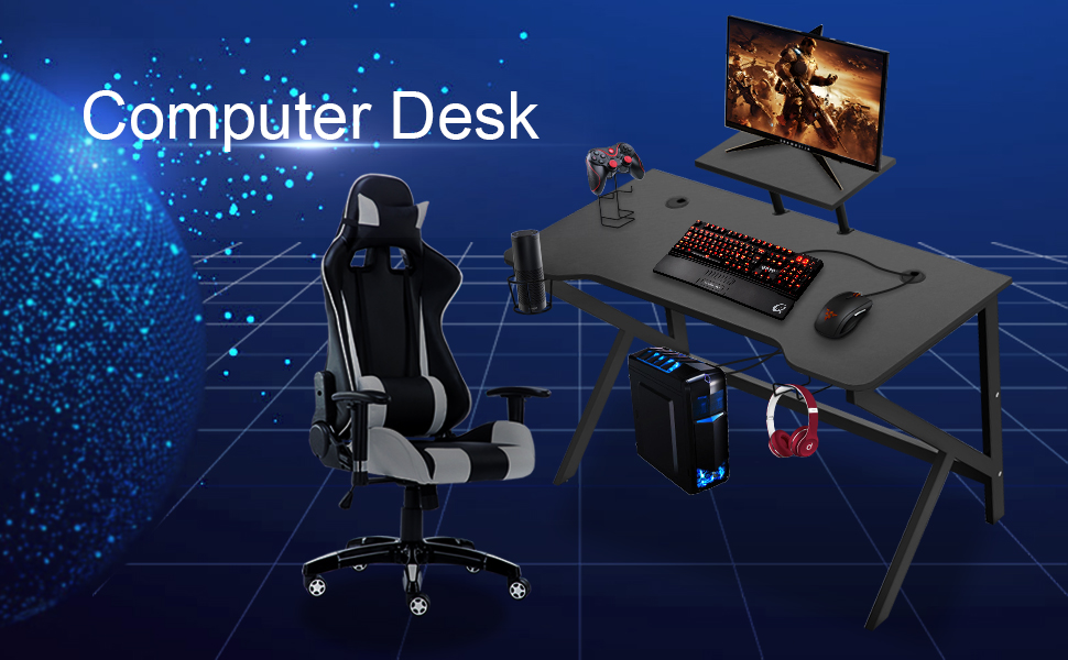 Ігровий стіл 100 x 55 см з карбону, ергономічний, зі шторками для навушників та тримачем для напоїв, чорний