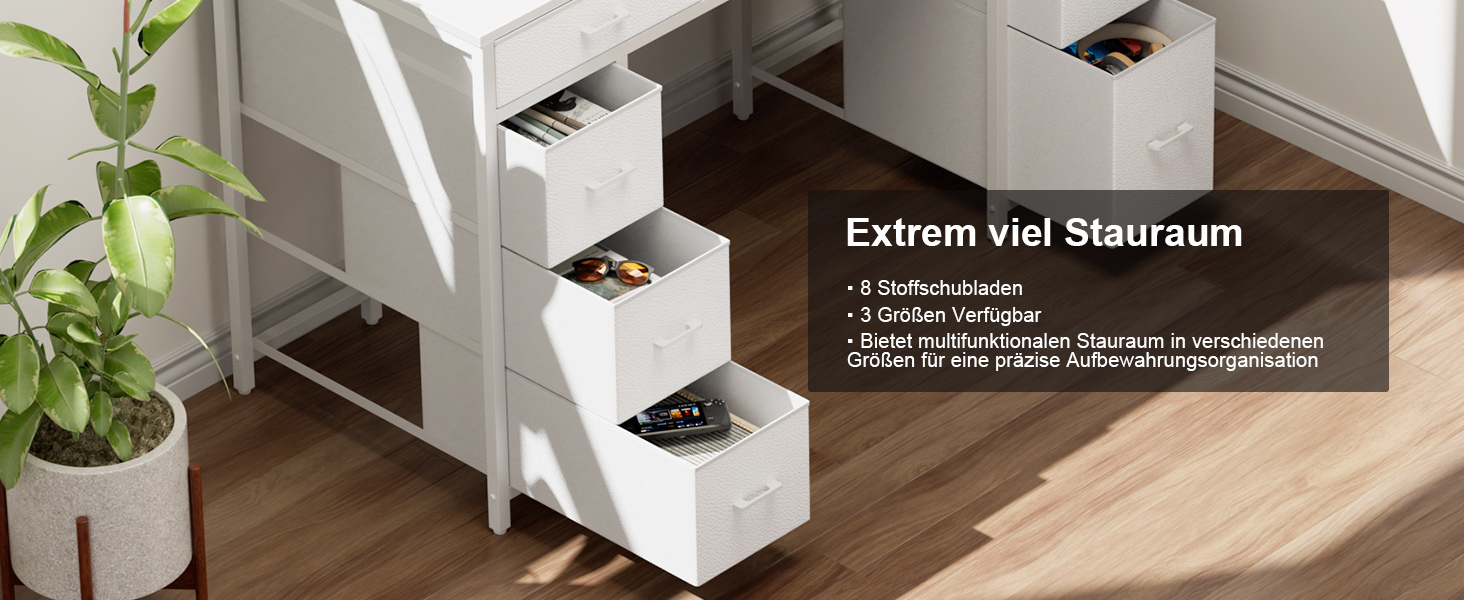 Комп'ютерний стіл з 8 висувними ящиками, 2 розетками та USB-портами, LED-підсвічуванням та підставкою для монітора, 120 x 50 x 74 см, білий