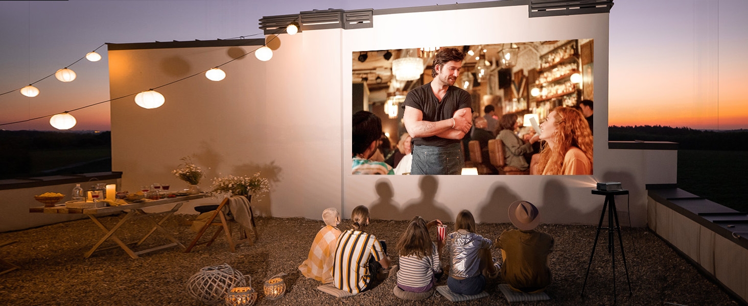 4K проєктор VISSPL 28000 люмен з автофокусом та корекцією трапецеїдальної спотворення, Wi-Fi 6, Bluetooth, Dolby Audio, Netflix, 360° обертовий штатив для домашнього кінотеатру та використання на відкритому повітрі