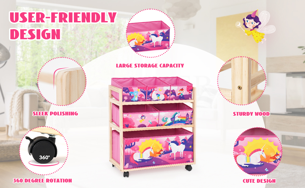 Органайзер для іграшок HOMCENT з колесами та 6 контейнерами великої місткості для дитячої кімнати, дівчачої кімнати