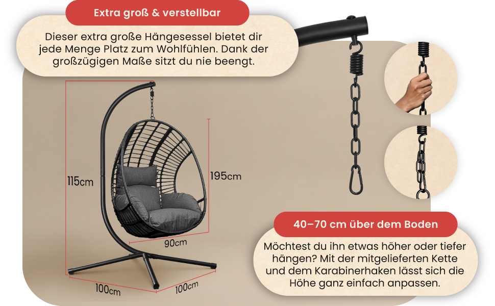 XXL Гамак-крісло Swoods з каркасом для дому та вулиці, яйцеподібне крісло, з подушкою, до 150 кг (темно-сірий)