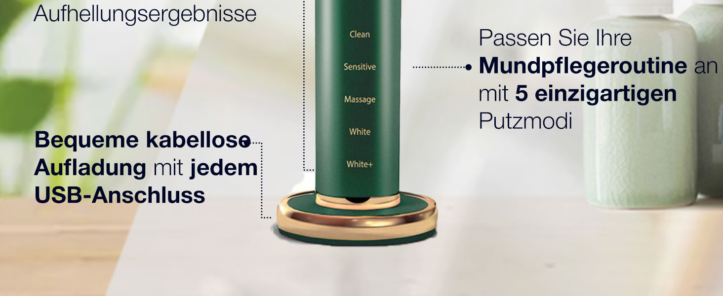 Електрична зубна щітка Wagner Stern WHITEN+ Edition з датчиком тиску. 5 режимів чищення, 3 рівні інтенсивності, 8 насадок, преміум-чохол. Зелена