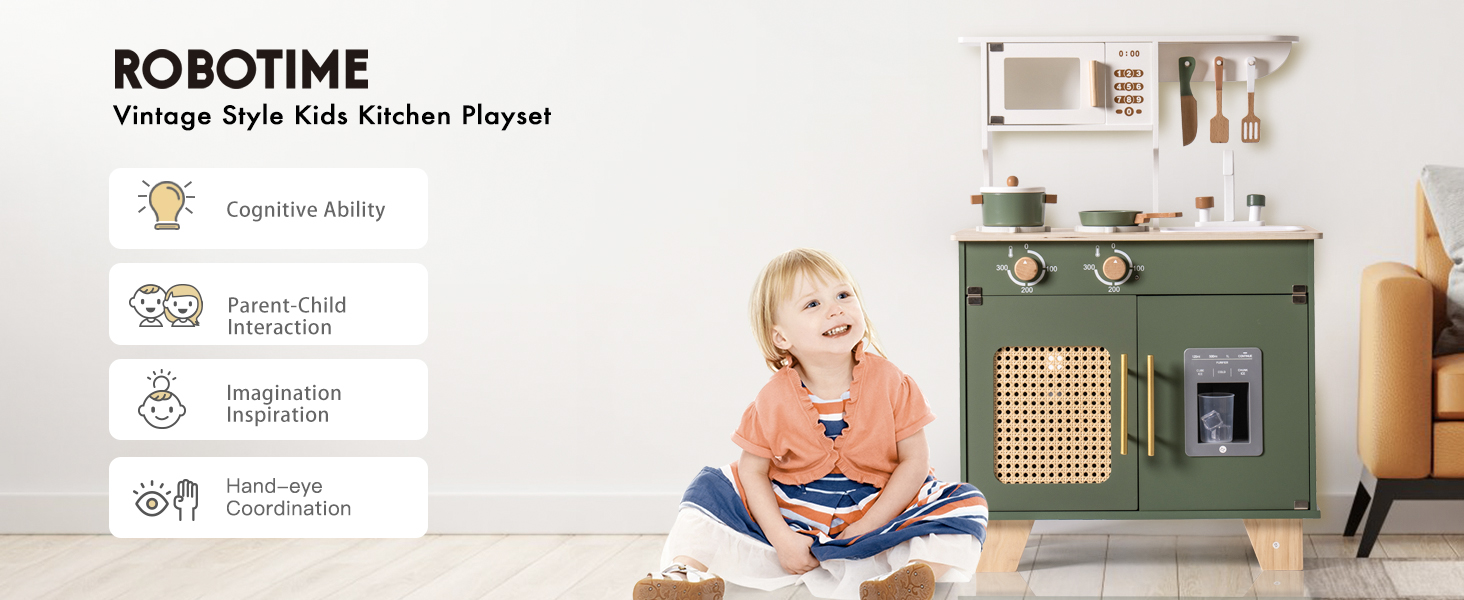 Дерев'яна дитяча кухня ROBOTIME Retro з аксесуарами, мікрохвильовка, диспенсер для льоду, шафка з ротангу, зелений колір, для дітей 3-8 років