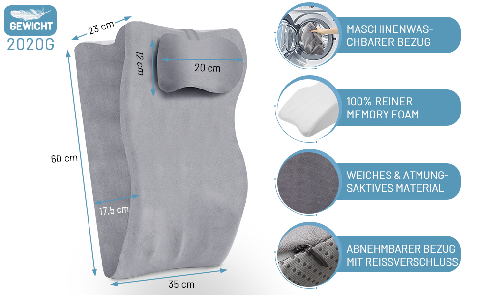 Ортопедична подушка Zepphi для ніг та спини з Memory Foam - для комфортного сну та відпочинку вдома (сіра)