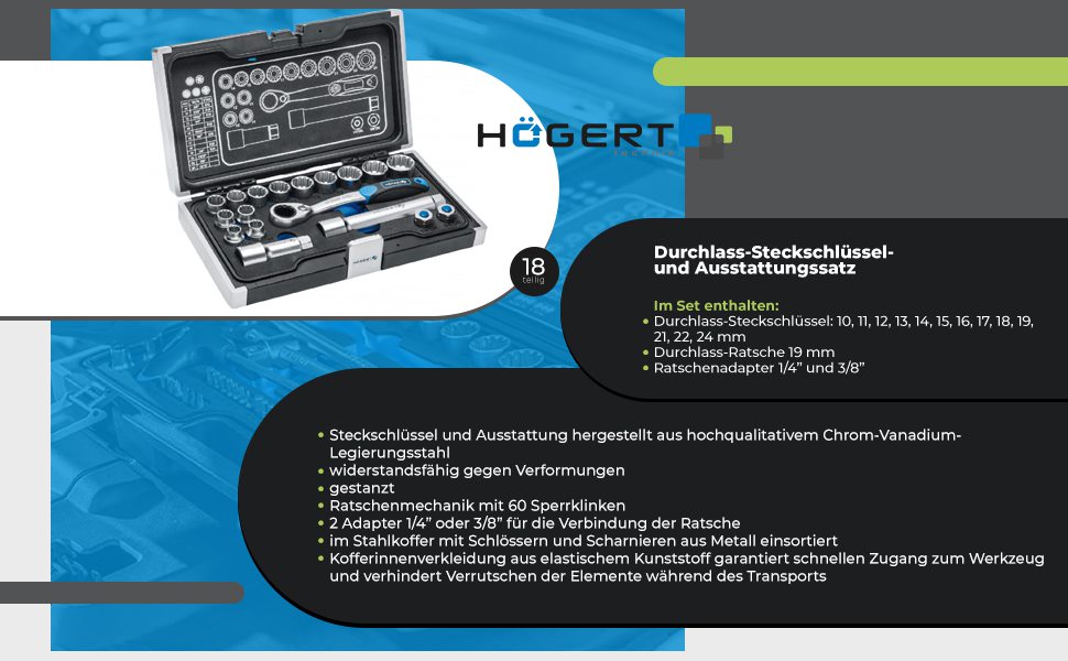 Набір інструментів Högert Technik 38 предметів: валіза, тріскачка, головки, біти 1/4