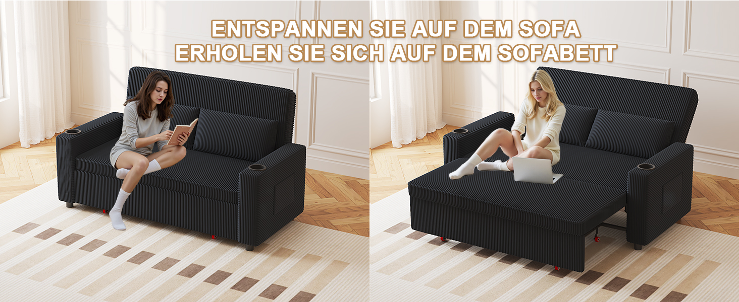 Диван-ліжко JUMMICO 2-місний розкладний з подушками, оббивка корд, чорно-синій, 75x160x93 см. Диван для вітальні та спальні з підсклянником